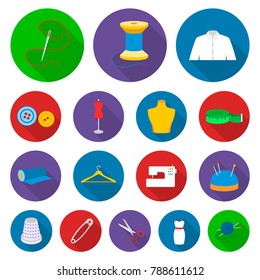 Atelier and sewing flat icons in set collection for design. Equipment and tools for sewing vector symbol stock web illustration.
