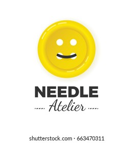 Atelier or sewing manufacture vector logo concept. Big yellow sewn button illustration with thread in smile shape. Professional tailor logotype.