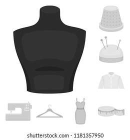 Atelier and sewing monochrome icons in set collection for design. Equipment and tools for sewing vector symbol stock web illustration.