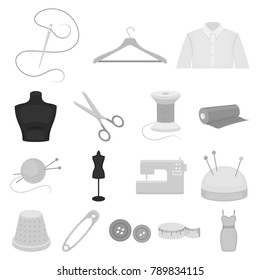 Atelier and sewing monochrome icons in set collection for design. Equipment and tools for sewing vector symbol stock web illustration.