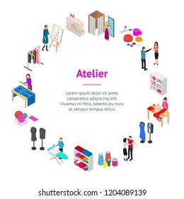 Atelier Studio Concept Banner Card Circle 3d Isometric View Fashion Dressmaker Craft. Vector illustration of Sewing Workshop with People