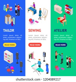 Atelier Studio Concept Banner Vecrtical Set 3d Isometric View Fashion Dressmaker Craft. Vector illustration of Sewing Workshop with People