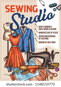 Atelier tailor or sewing studio retro sketch poster for dressmaker modiste salon. Vector deign of sewing machine, dress on dummy, scissors and tape measure, textile clothes, threads and needles