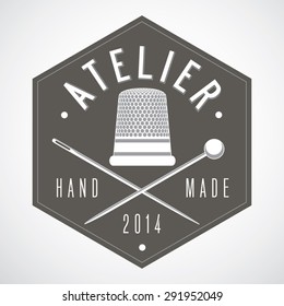 Atelier, Tailor Shop Logo Template. Thimble, Sewing Needle And Pin Vector Illustration.