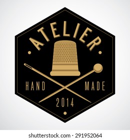 Atelier, tailor shop logo template. Thimble, sewing needle and pin vector illustration.