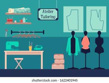 Atelier Tailoring Design Studio Interior With Sewing Equipment And Dummy Mannequins - Flat Poster Of Tailor Shop. Fashion Designer Desk - Vector Illustration.