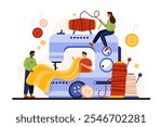 Atelier tailoring, workshop, fashion industry. Tiny people people create, sew clothes on big sewing machine, using textile, spools of thread and buttons for apparel cartoon vector illustration