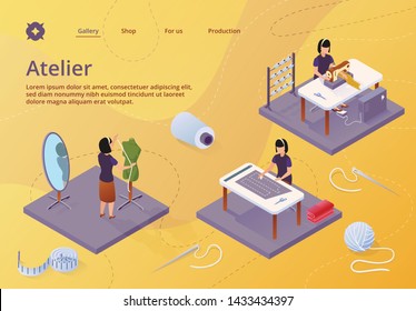 Atelier, Textile Craft Business, Dressmakers Making Out Clothes on Table, Clothing Designer Working with Mannequin. Tailor Create Outfit on Sewing Machine, Isometric 3d Vector Illustration, Banner