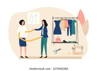 Atelier work concept. A female designer measures a client for tailoring fashionable clothes. Workplace of a seamstress, sewing machine, centimeter, scissors, pin, pattern. Flat vector illustration