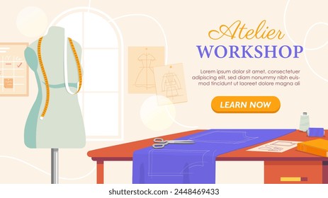 Atelier workshop poster. Mannequin with dress. Fashion and style, elegance and aesthetics. Seamstress and tailor. Handicraft and sewing. Landing webpage design. Cartoon flat vector illustration