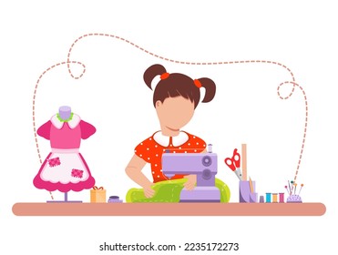 Atelier. Workshop for sewing clothes. Portmanteau girl at the sewing machine. Graphics. Vector.