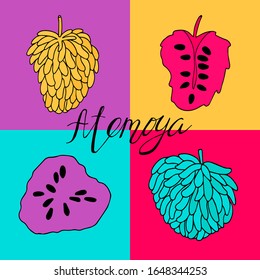 Atemoya on bright background. Pop art hand drawn poster. Stock vector illustration.