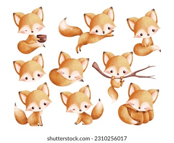 atercolor Illustration set of cute baby fox