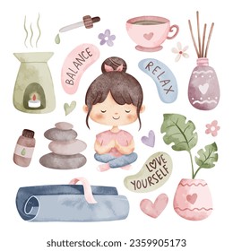 atercolor Illustration set of cute girls and yoga elements