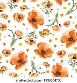 Atercolor seamless background with field flowers and herbs. Pattern with hand painted poppy. Vector floral texture. 