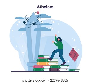 Atheism concept. Atheistic worldview, absence of belief in the existence of deities, religious skepticism. Scientifically explained reality. Flat vector illustration.