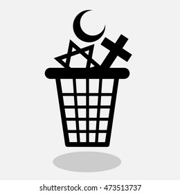 Atheism and end of religious belief - vector illustration of waste container with symbols of religions as metaphor of decline of religiosity and faith in god 