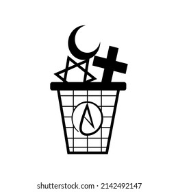 Atheism and the end of religious beliefs trash container vector illustration