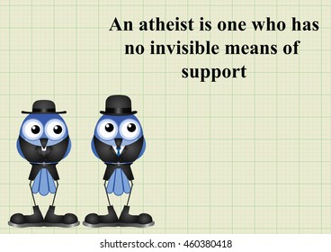 Atheism saying with bird atheist and vicar on graph paper background with copy space for own text