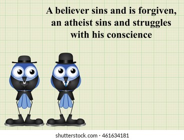 Atheism saying with bird atheist and vicar on graph paper background with copy space for own text