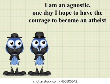 Atheism saying with bird atheist and vicar on graph paper background with copy space for own text