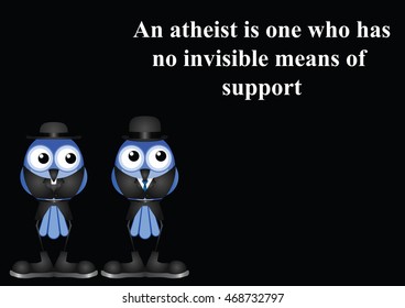 Atheism saying with bird atheist and vicar on graph paper background with copy 
space for own text
