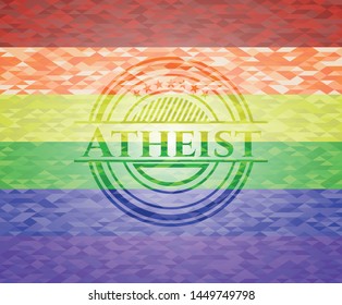 Atheist emblem on mosaic background with the colors of the LGBT flag