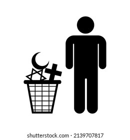 Atheist or non-believer - humans and trash cans with religious symbols as a metaphor for atheism and non-believer. vector illustration in modern style