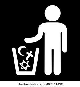 Atheist / non-believer - vector illustration of man and waste container with symbols of religions as metaphor of atheism and non-believing