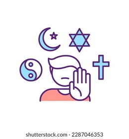 Atheist RGB color icon. Defy global religious systems. Issue with spirituality. Crisis of faith. Agnosticism, conflict in belief systems. No acceptance for religions. Isolated vector illustration