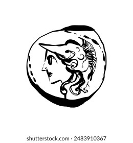 Athena ancient coin, hand drawn, line art vector illustration