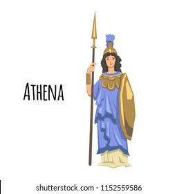 Athena, ancient Greek goddess of Wisdom, War, and Useful Arts. Ancient Greece mythology. Flat vector illustration. Isolated on white background.