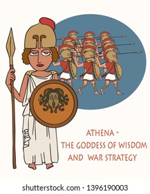 Athena ancient Greek goddess of wisdom and strategy, funny vector cartoon illustration of female deity with spear and egida on background of warfare
