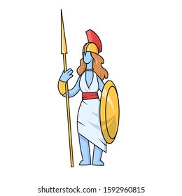 Athena, ancient Greek goddess of Wisdom, War, and Useful Arts. Ancient Greece mythology. Flat vector illustration. Isolated on white background.