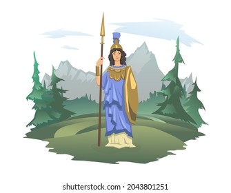 Athena, ancient Greek goddess of Wisdom, War, and Useful Arts. Ancient Greece mythology. Forest and mountain landscape in the background. Vector illustration isolated on white.