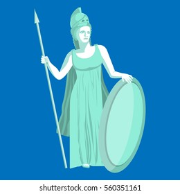 Athena or Athene marble statue on blue background. Pallas goddess of wisdom, craft, and war in ancient Greek religion and mythology. Minerva Roman goddess identified with Athena. Vector illustration
