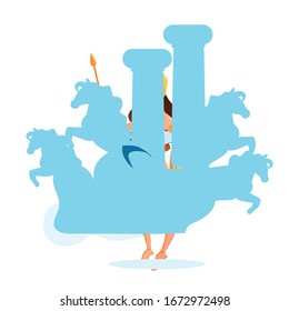 Athena or Athene with Silhouette of Horses and Pillars on Backdrop. Goddess of Wisdom, Craft, and War in Ancient Greek Religion and Mythology. Minerva in Roman Myths Cartoon Flat Vector Illustration