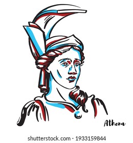 Athena engraved vector portrait with ink contours on white background. Is an ancient Greek goddess associated with wisdom, handicraft, and warfare who was later syncretized with the goddess Minerva.