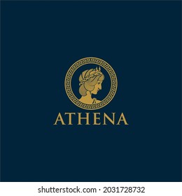 Logo de ilustración vectorial de la diosa de Athena con matices dorados, adecuado para negocios de moda, boutique y cosmética
