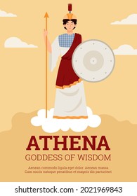 Athena goddess of wisdom, warfare and arts in ancient greek myths. Female character holding spear and shield. Flat cartoon vector illustration. Colorful poster with text.