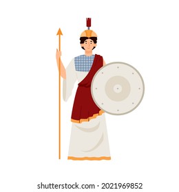 Athena goddess of wisdom, warfare and arts in ancient greek mythology. Female character holding spear and shield. Flat cartoon vector illustration isolated on white.