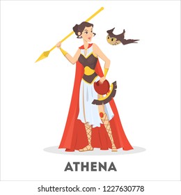 Athena greek goddess from ancient mythology. Female character with spear in armor. Woman with great power. Isolated vector illustration in cartoon style