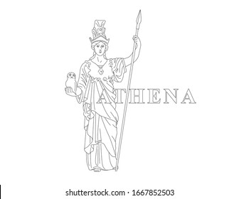 Athena. Greek Goddess of reason, wisdom, intelligence, skill, peace, warfare, battle strategy, and handicrafts. Editable line drawing illustration with antiqua text