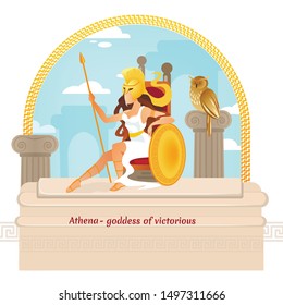 Athena, Greek Mythological Character. Daughter of Zeus, Goddess of Wisdom and Victorious War, Defender of Rights, Justice, Art and Craft Sitting on Throne. Cartoon Flat Vector Illustration, Banner