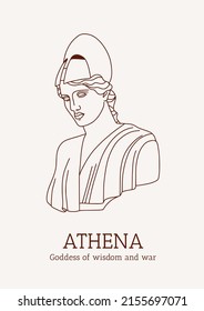 Athena. Linear antique statue. Trendy modern vector print with ancient classical sculpture of goddess. Greece mythology. Antique classic line art for fashion t-shirt, printing, poster, tatoo