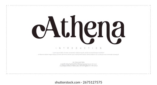Athena Alfabeto de casamento de luxo letras fon. Tipografia elegante clássico fontes serif e número decorativo vintage conceito retro para logotipo branding.
