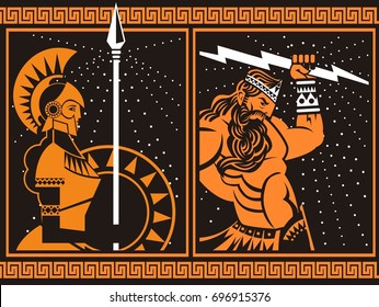 athena minerva and jupiter zeus with ray orange and black vintage painting