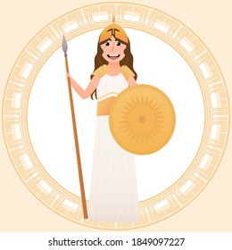 Athena Olympian greece goddess of wisdom, handicraft and warfare, little girl in acient gown for masquerade or theatre perfomance, mythical goddess in cartoon style