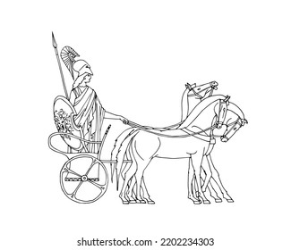 Athena on a chariot. An ancient Greek goddess. Vector illustration with contour lines in black ink isolated on a white background in cartoon and hand drawn style.