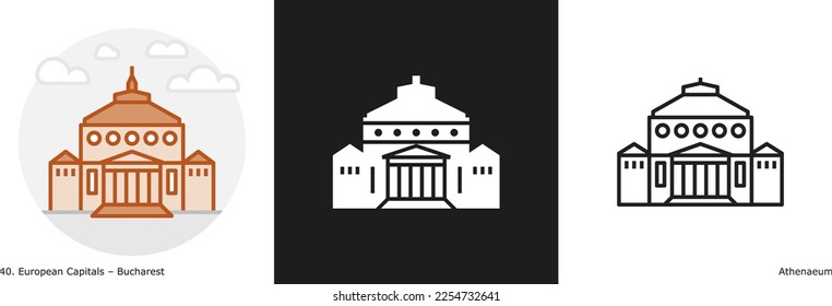 Athenaeum filled outline and glyph icon. Landmark building of Bucharest, the capital city of Romania.
